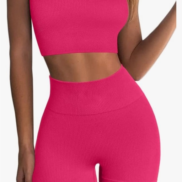 Viral TikTok Style Hot Pink Workout Set – One Shoulder Bra + Biker Shorts (L) - Picture 2 of 15